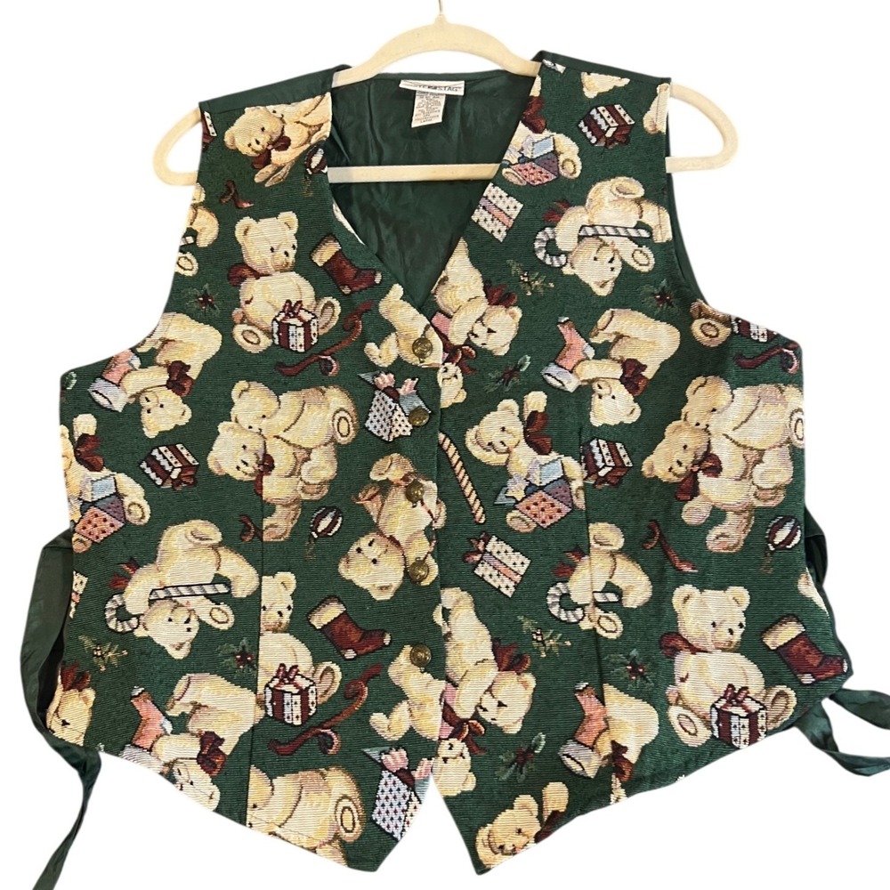 Vintage 90s Teddy Bear Tapestry Vest Green Christmas Cottagecore Grannycore LRG - Picture 2 of 6